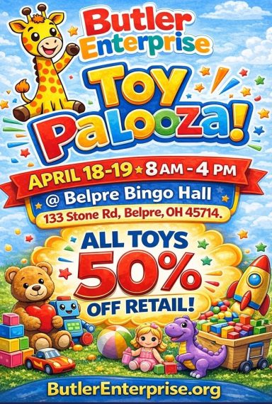 Colorful flyer for "Toy Palooza" event featuring toys, discounted prices, and a cheerful design.
